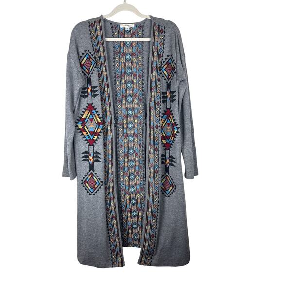 Andree by UNIT Bohemian Tribal Embroidered Open Long Line Cardigan Duster Size S - Picture 1 of 9